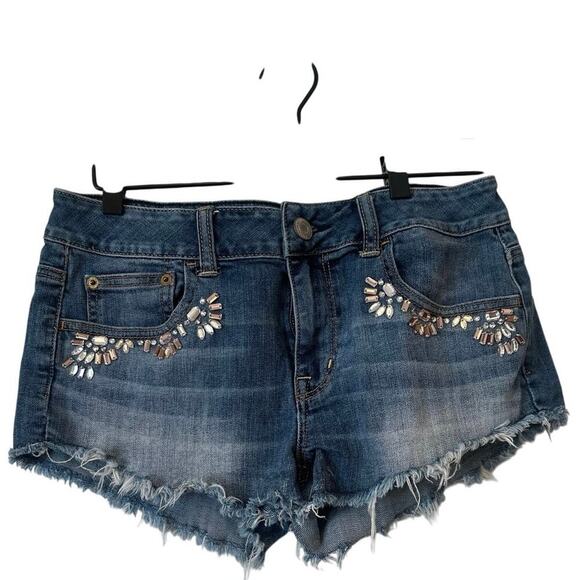 American Eagle Outfitters Embellished Distressed Y2K Denim Shorts Sz 8 - Picture 1 of 4